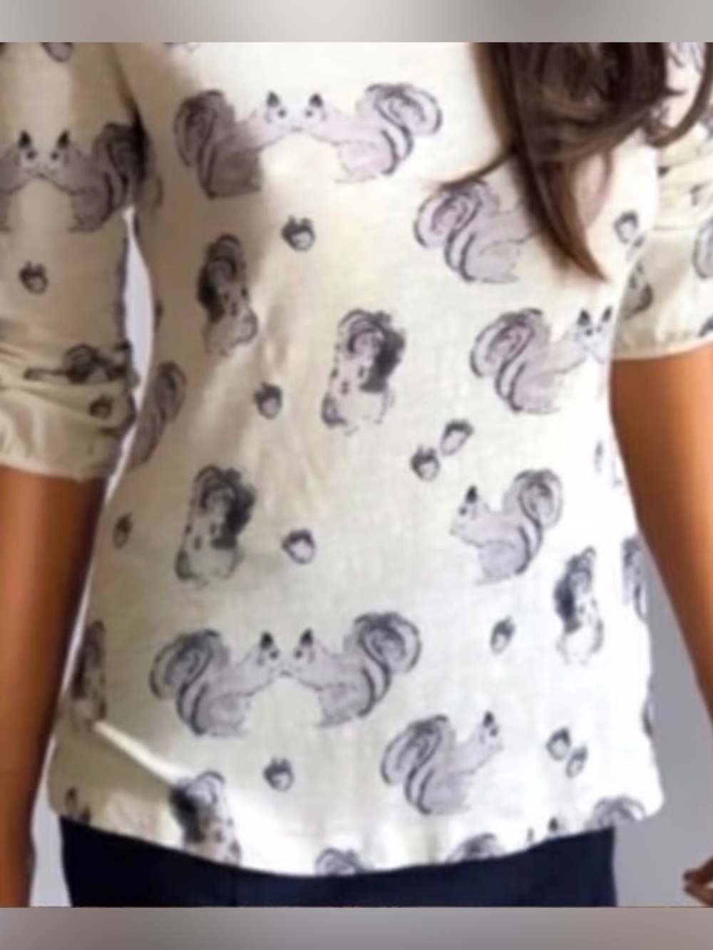 Anthropologie Squirrel Print Cotton Shirt Small 3/4 Sleeve Quirky Top